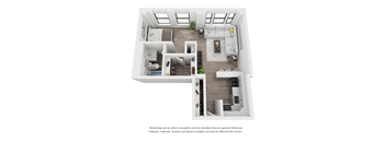 A white interior design rendering of a house with a living room, kitchen, and two bedrooms.