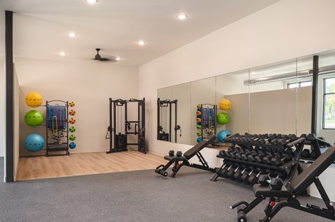 A gym with a variety of equipment including weights and exercise balls.