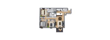 A 3D rendered image of a house layout.