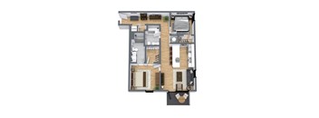 A 3D floor plan of a house with labeled rooms.