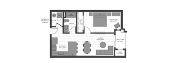 A floor plan of a small apartment with a living room, kitchen, bedroom, and bathroom.