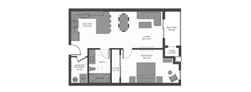 A floor plan of a small apartment with a living room, kitchen, bedroom, and bathroom.