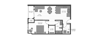 A floor plan of a house with a living room, kitchen, bedroom, and bathroom.