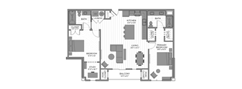 A floor plan of a home with a living room, kitchen, and two bedrooms.