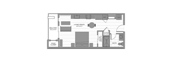 A floor plan of a small apartment with a living space, bathroom, and closet.