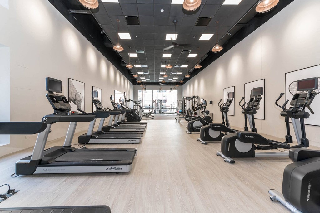 A gym with treadmills and elliptical machines.