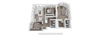 A top down view of a house interior with a kitchen, living room, and bedrooms.