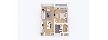 A top-down view of a small apartment with a kitchen, living room, and bedroom.