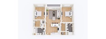A top down view of a small apartment with a kitchen, living room, and two bedrooms.