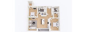 A floor plan of a small apartment with a kitchen, living room, and two bedrooms.