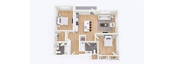 A white dollhouse with a kitchen, living room, and bedrooms.