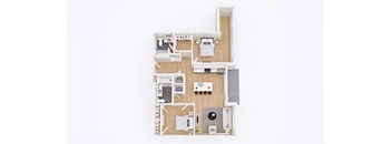A white floor plan of a house with a kitchen, living room, and two bedrooms.