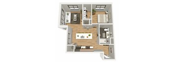 A 3D floor plan of a house showing a kitchen, living room, dining area, and two bedrooms.