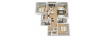 A floor plan of a house with a kitchen, living room, dining room, and two bedrooms.