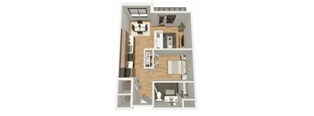 A floor plan of a house with a kitchen, living room, dining room, and bathroom.