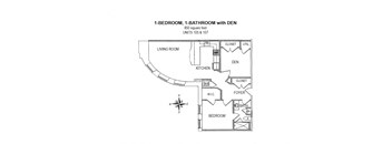 2-D floor plan of 1-bedroom, 1-bathroom with den apartment (850 square feet)