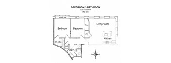 2-D floor plan of 2-bedroom, 1-bathroom apartment with window seat (925 square feet)