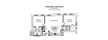 2-D floor plan of 2-bedroom, 2-bath apartment (900 square feet)