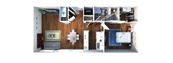 3-D floor plan of 1-bedroom, 1 bath apartment (575-730sf)