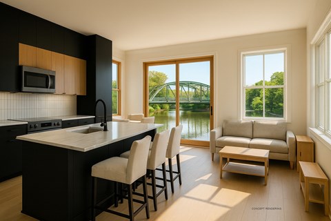 A modern kitchen with black cabinets and a white countertop.