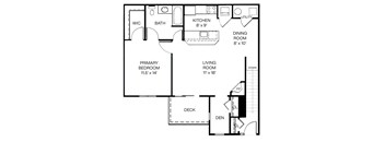 2-D floor plan of 1-bedroom upper apartment with a study and a balcony