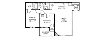 2-D floorplan of a 2-bedroom, 1-bathroom 1st floor apartment with a covered patio and open layout