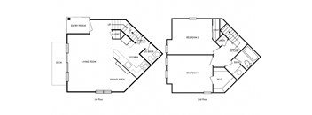 2-D floor plan of a 2-bedroom, 1.5-bathroom, 2-story townhome apartment with finished basement