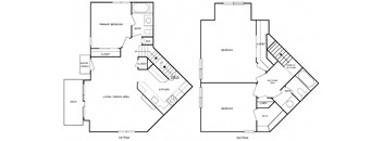2-D floor plan of a 3-bedroom, 2-bathroom, 2-story townhome apartment with finished basement