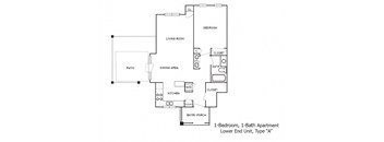 2-D floor plan of 1-Bedroom, 1-Bath Lower End Unit Apartment with fenced patio area (Type "A")