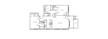 2-D floor plan of 2-bedroom, 2-bath ranch-style apartment with interior & exterior entrances