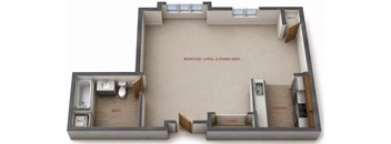 A 3D floor plan of a bedroom, living and dining area.