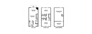 2-D floor plan of 2-bedroom, 1-bathroom townhome with fireplace & finished basement with laundry hookups