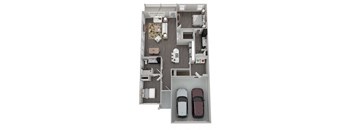 3-D floor plan for 2-bedroom, 2-bathroom ranch townhome with 2-car attached garage