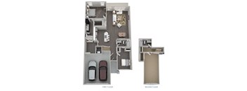 3-D floor plan for 3-bedroom, 3-bathroom, 2-story twonhome with attached 2-car garage (1st & 2nd floors)