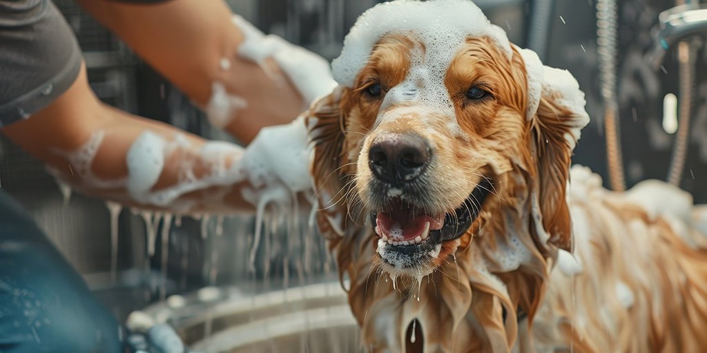 A golden retriever is being bathed in a self-service dog wash station by a person wearing jeans and a t-shirt