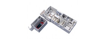 3D floor plan of 1-Bedroom, 1-Bath End Unit Upper Apartment with 1-Car Garage (1073 sq ft)