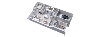 3D floor plan of 2-Bedroom, 2-Bath Ranch Townhome with 1-Car Garage (1165 sq ft)
