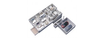 3D floor plan of 3-Bedroom, 2-Bath Upper Apartment with 2-Car Garage (1268 sq ft)
