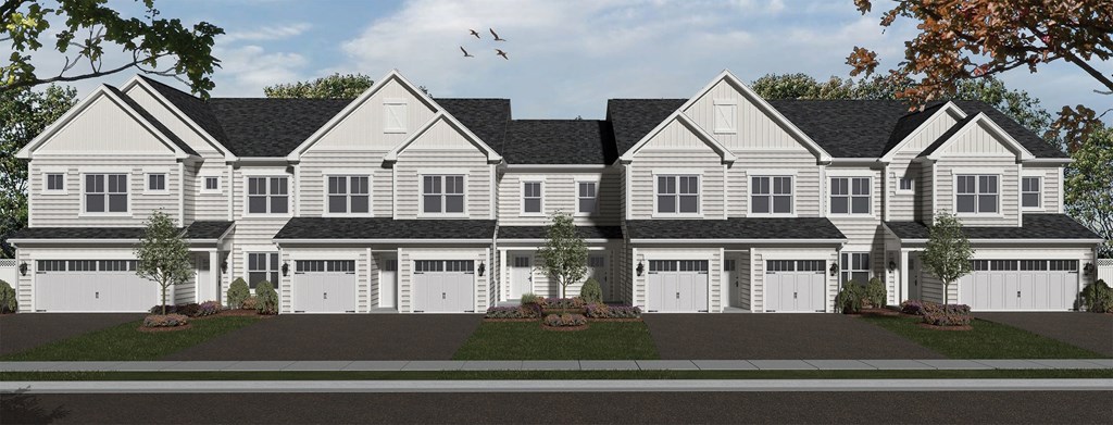 Artist rendering of Erie Ridge Townhome 2-story buildings with garages Artist rendering of Erie Ridge Townhome 2-story buildings with garages