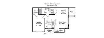 2-D floor plan of a 1-bedroom, 1-bathroom, lower apartment in Phase II with a private patio (748 square feet)