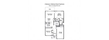 2-D floor plan of a 2-bedroom, 2-bathroom ranch townhome in Phase II with 1-car garage & private patio (1014 square feet)