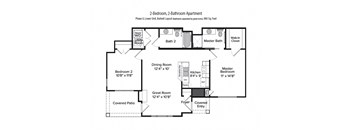 2-D floor plan of a 2-bedroom, 2-bathroom lower apartment in Phase II with bedrooms on either side of the great room, & private patio (980 square feet)