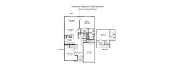 2-D floor plan of a 3-bedroom, 3-bathroom 2-story townhome in Phase II with 1-car garage & private patio (1345 square feet)