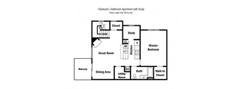 2-D floor plan of a 1-bedroom, 1-bathroom upper apartment in Phase I with study & private balcony (942 square feet)