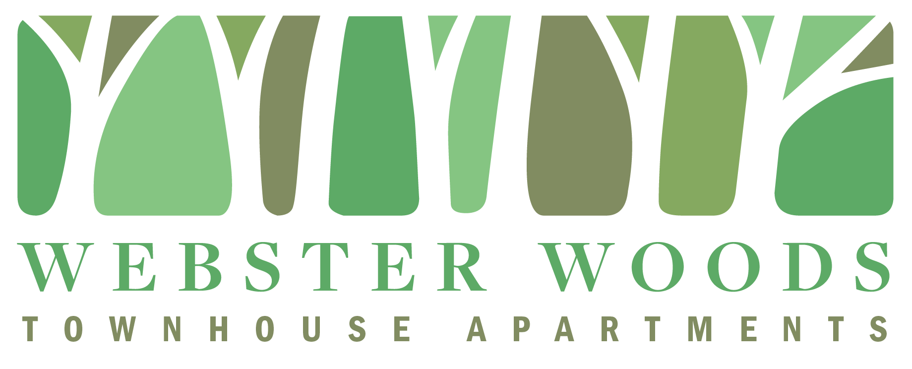 A green and black logo for Webster Woods Townhouse Apartments.