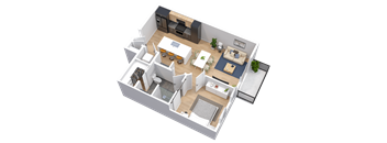 3-D floorplan of a 1-bedroom, 1-bathroom residence (649-660 square feet) with balcony