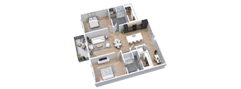 3-D floor-plan of 2-bedroom, 2-bathroom residence (1175 square feet) with flex space and balcony