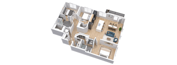 3-D floorplan of 3-bedroom, 2-bathroom corner residence (1346 to 1414 square feet) with flex space and balcony