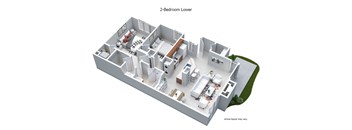 3-D floor plan 2-bedroom, 1-bathroom, ground-floor apartment with fireplace and patio