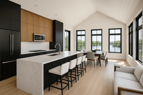 A modern kitchen with black cabinets and a white island.